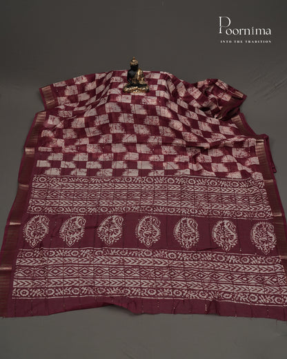 DARK WINE - SEMI CREPE SAREE WITH CHECKS PATTERN DISCHARGE PRINT, SEQUINS WORK &amp; TEMPLE PATTERN ZARI BORDER