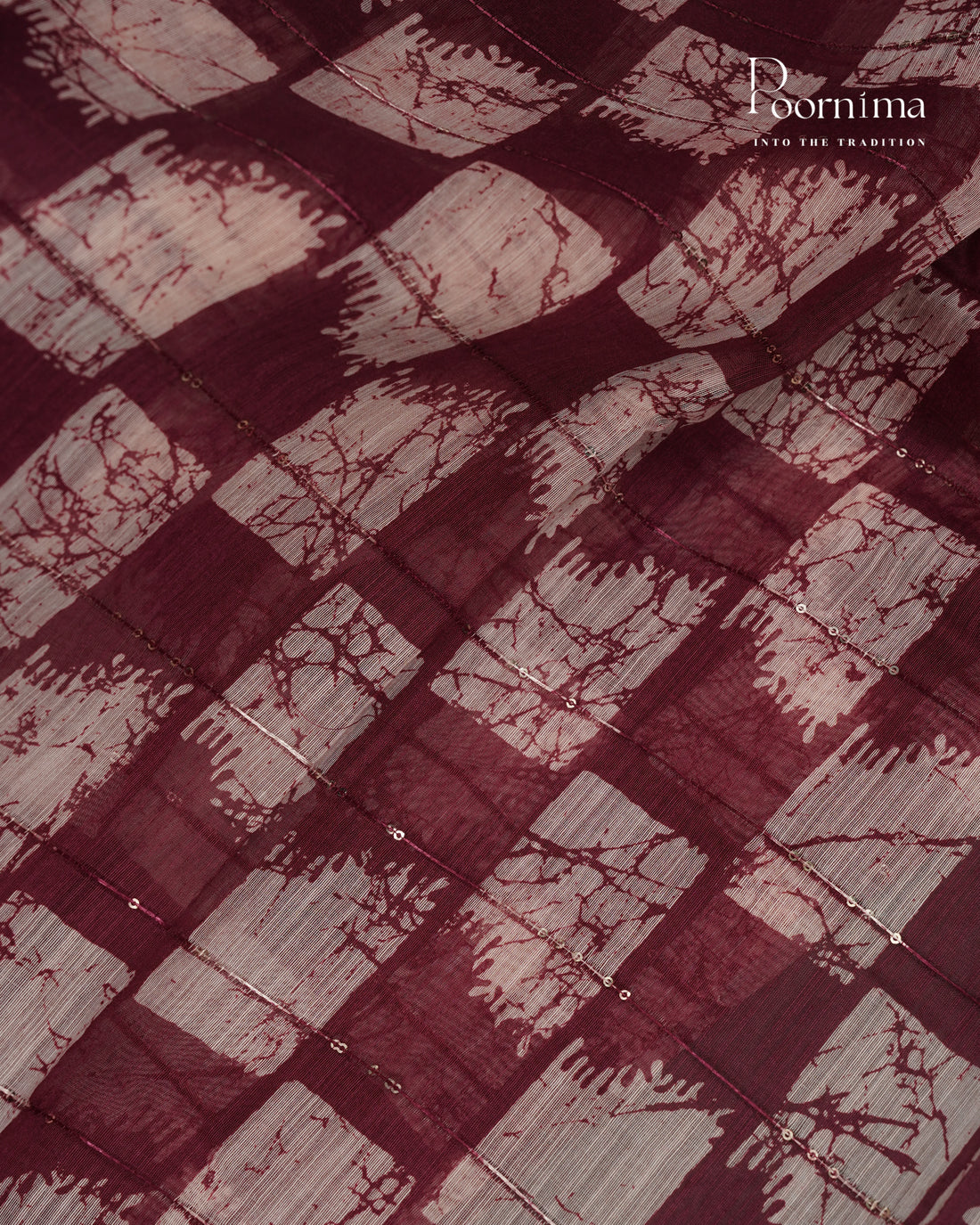 DARK WINE - SEMI CREPE SAREE WITH CHECKS PATTERN DISCHARGE PRINT, SEQUINS WORK & TEMPLE PATTERN ZARI BORDER