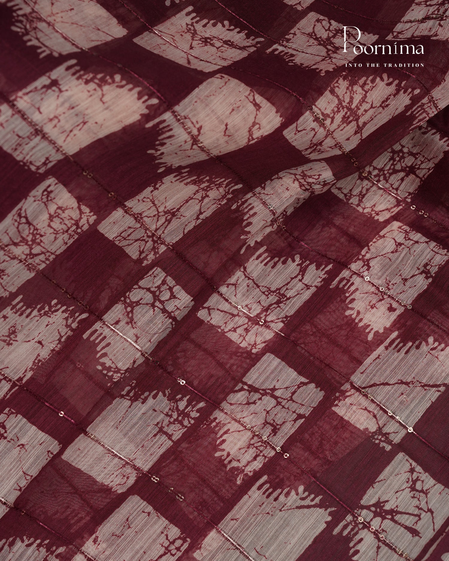 DARK WINE - SEMI CREPE SAREE WITH CHECKS PATTERN DISCHARGE PRINT, SEQUINS WORK &amp; TEMPLE PATTERN ZARI BORDER