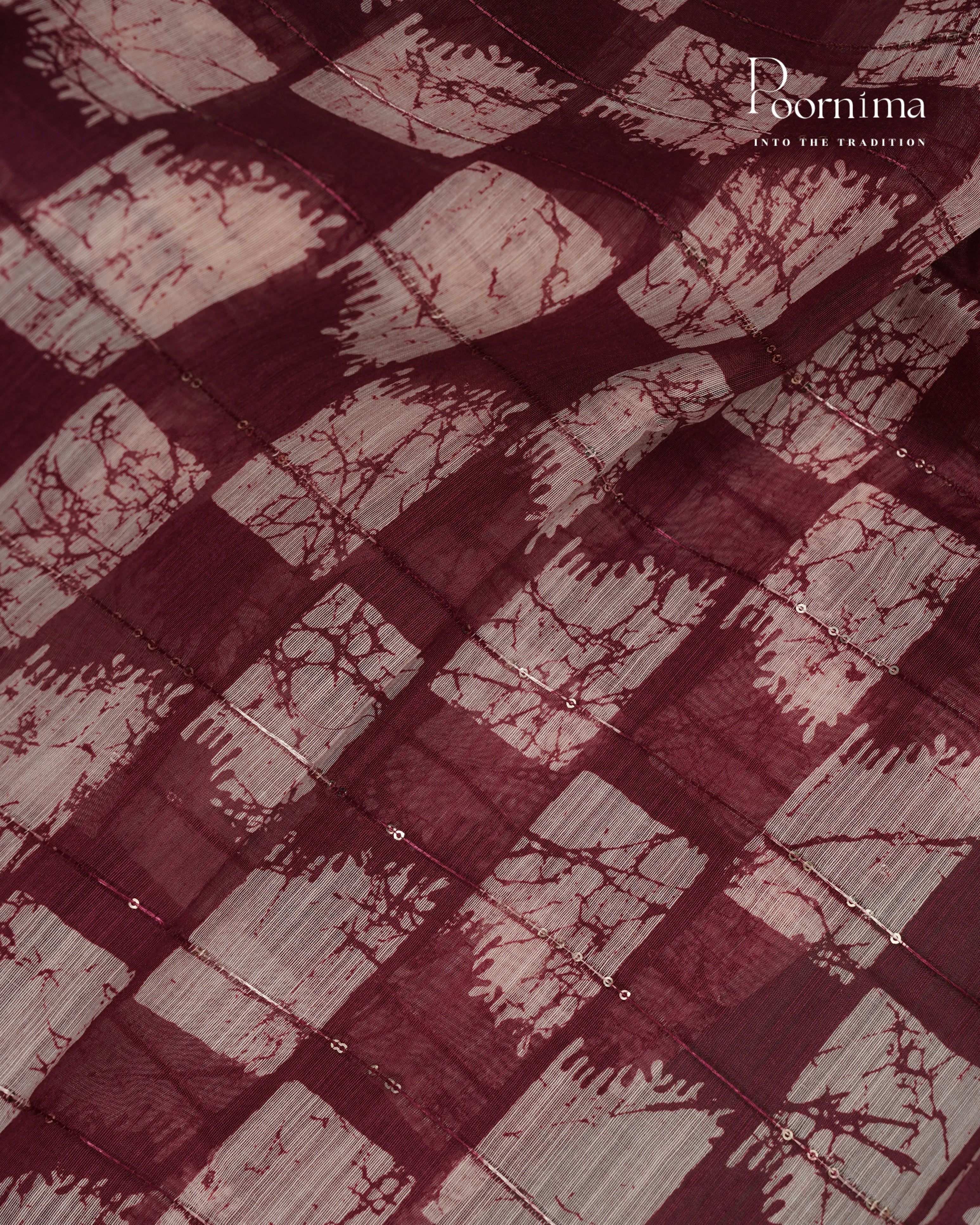 DARK WINE - SEMI CREPE SAREE WITH CHECKS PATTERN DISCHARGE PRINT, SEQUINS WORK &amp; TEMPLE PATTERN ZARI BORDER