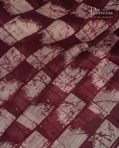 DARK WINE - SEMI CREPE SAREE WITH CHECKS PATTERN DISCHARGE PRINT, SEQUINS WORK &amp; TEMPLE PATTERN ZARI BORDER