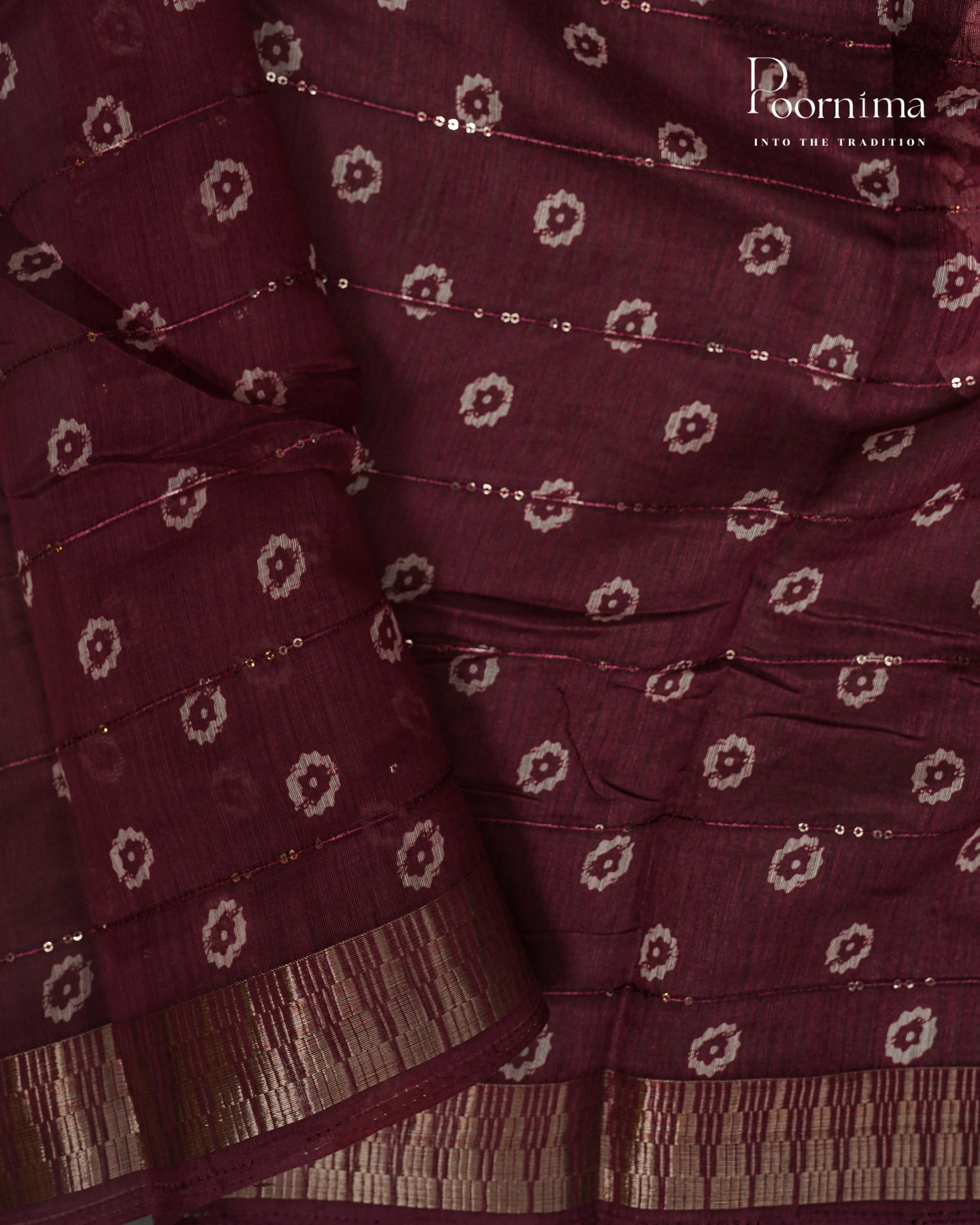 DARK WINE - SEMI CREPE SAREE WITH CHECKS PATTERN DISCHARGE PRINT, SEQUINS WORK &amp; TEMPLE PATTERN ZARI BORDER