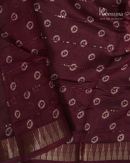 DARK WINE - SEMI CREPE SAREE WITH CHECKS PATTERN DISCHARGE PRINT, SEQUINS WORK &amp; TEMPLE PATTERN ZARI BORDER