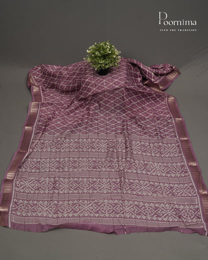 ONION PINK - SEMI CREPE SAREE WITH GEOMETRIC DISCHARGE PRINT, SEQUINS WORK &amp; TEMPLE PATTERN ZARI BORDER