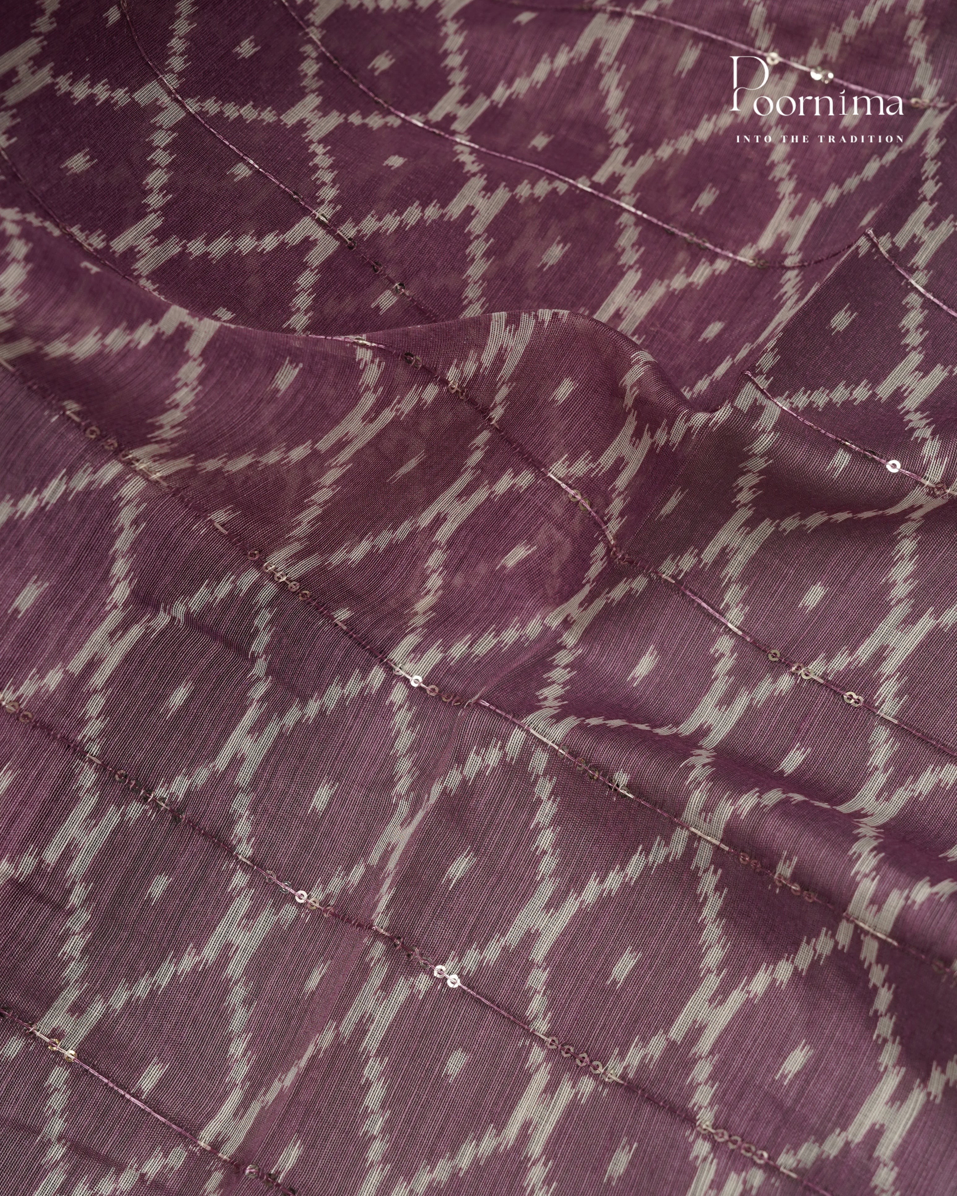 ONION PINK - SEMI CREPE SAREE WITH GEOMETRIC DISCHARGE PRINT, SEQUINS WORK &amp; TEMPLE PATTERN ZARI BORDER