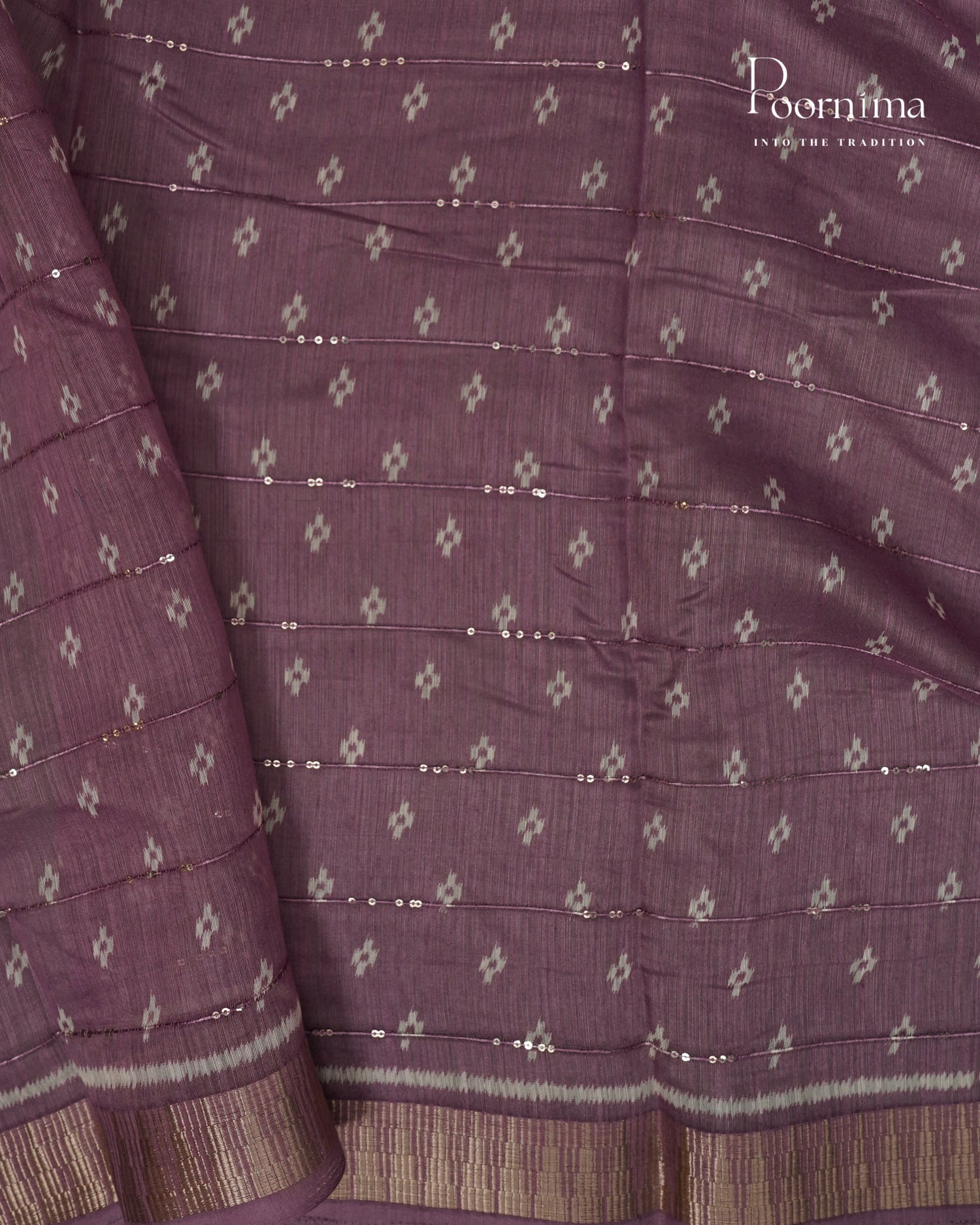 ONION PINK - SEMI CREPE SAREE WITH GEOMETRIC DISCHARGE PRINT, SEQUINS WORK &amp; TEMPLE PATTERN ZARI BORDER