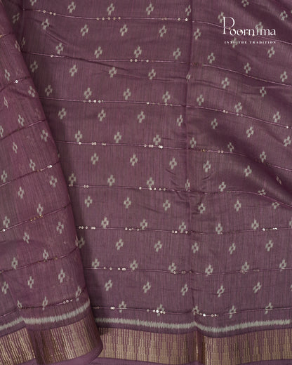 ONION PINK - SEMI CREPE SAREE WITH GEOMETRIC DISCHARGE PRINT, SEQUINS WORK &amp; TEMPLE PATTERN ZARI BORDER