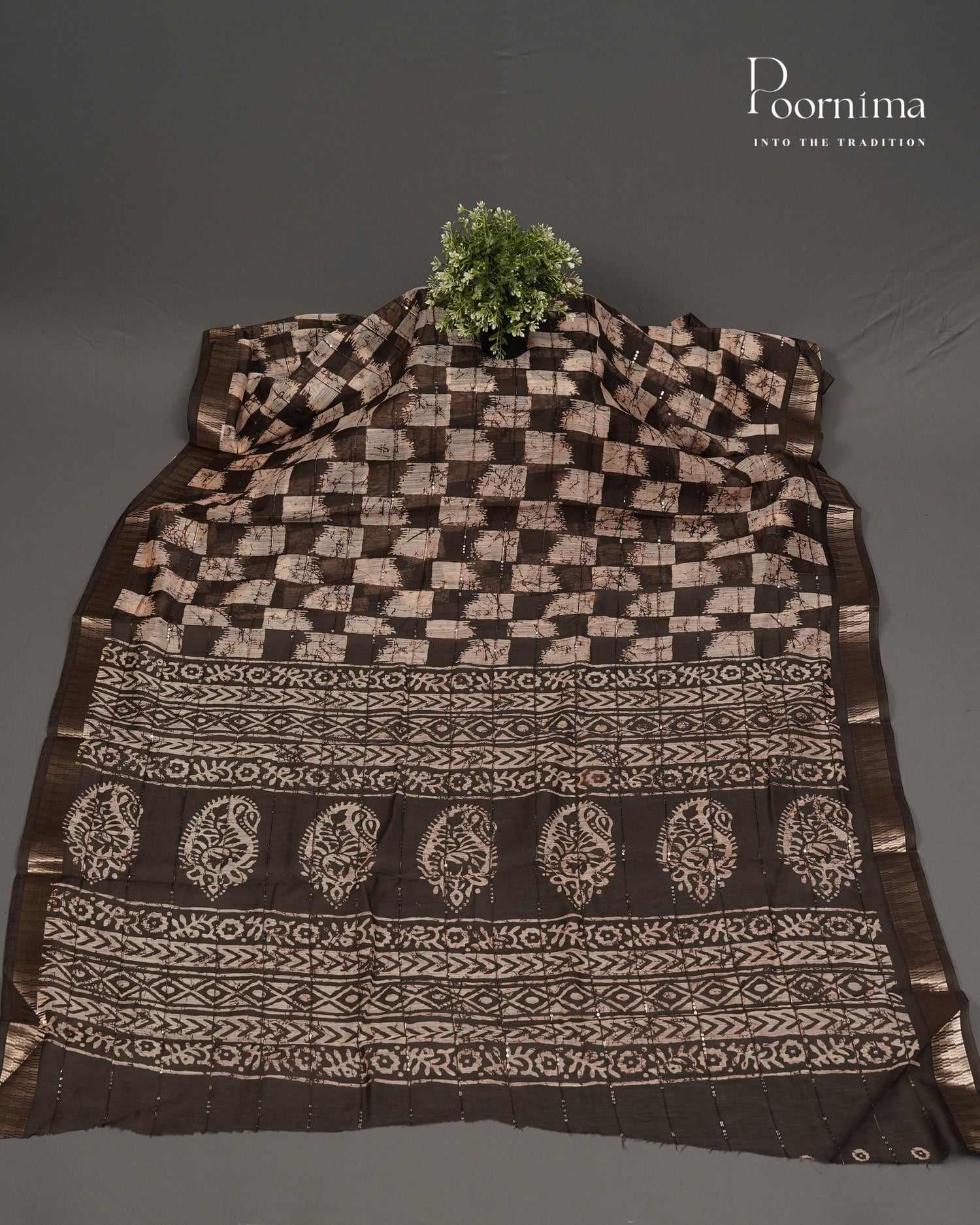 BROWN - SEMI CREPE SAREE WITH CHECKS DISCHARGE PRINT, SEQUINS WORK &amp; TEMPLE PATTERN ZARI BORDER