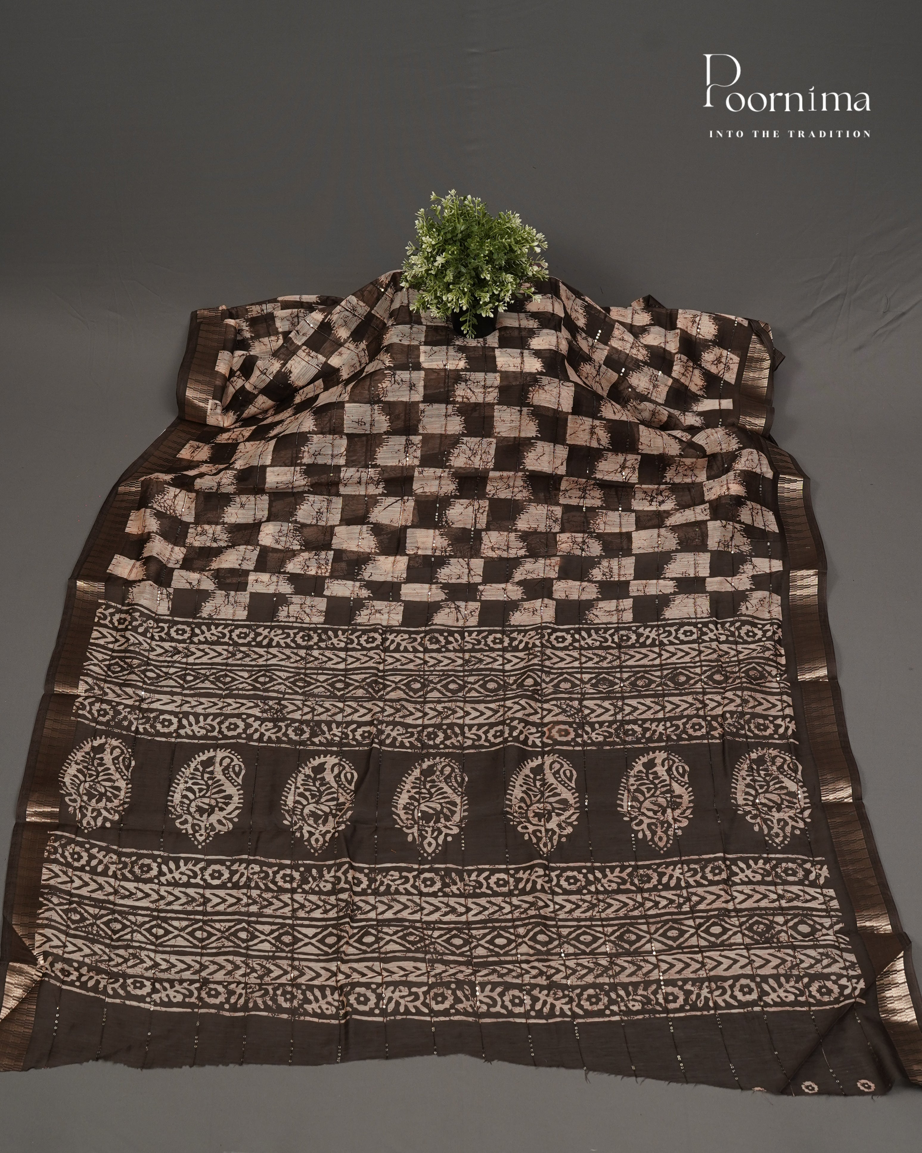 BROWN - SEMI CREPE SAREE WITH CHECKS DISCHARGE PRINT, SEQUINS WORK &amp; TEMPLE PATTERN ZARI BORDER