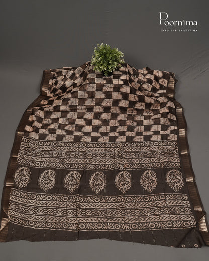 BROWN - SEMI CREPE SAREE WITH CHECKS DISCHARGE PRINT, SEQUINS WORK &amp; TEMPLE PATTERN ZARI BORDER