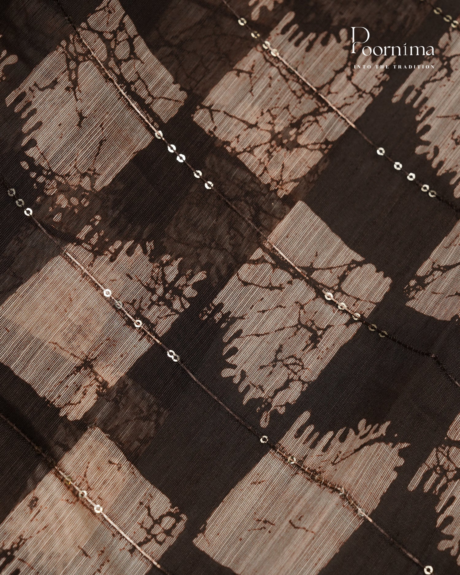 BROWN - SEMI CREPE SAREE WITH CHECKS DISCHARGE PRINT, SEQUINS WORK &amp; TEMPLE PATTERN ZARI BORDER