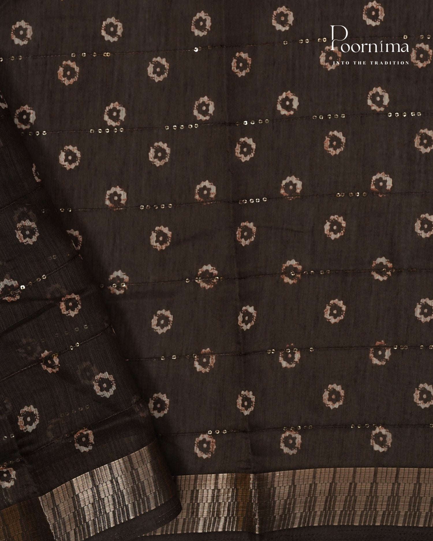 BROWN - SEMI CREPE SAREE WITH CHECKS DISCHARGE PRINT, SEQUINS WORK &amp; TEMPLE PATTERN ZARI BORDER