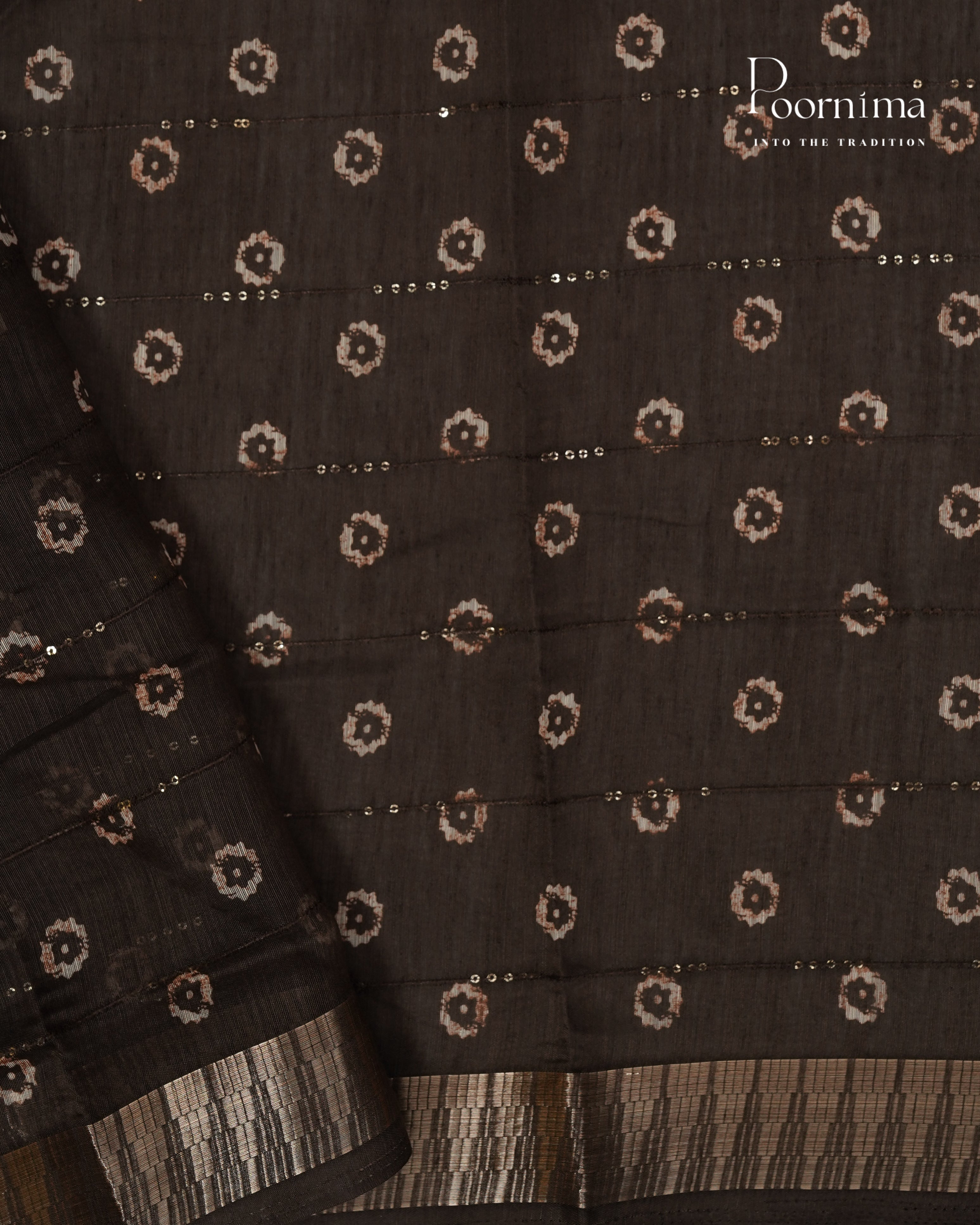 BROWN - SEMI CREPE SAREE WITH CHECKS DISCHARGE PRINT, SEQUINS WORK &amp; TEMPLE PATTERN ZARI BORDER