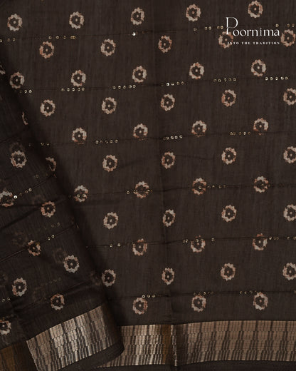 BROWN - SEMI CREPE SAREE WITH CHECKS DISCHARGE PRINT, SEQUINS WORK &amp; TEMPLE PATTERN ZARI BORDER
