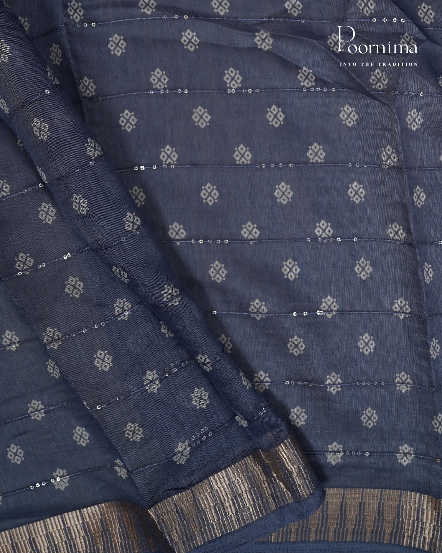 BLUE - SEMI CREPE SAREE WITH LINES DISCHARGE PRINT, SEQUINS WORK &amp; TEMPLE PATTERN ZARI BORDER