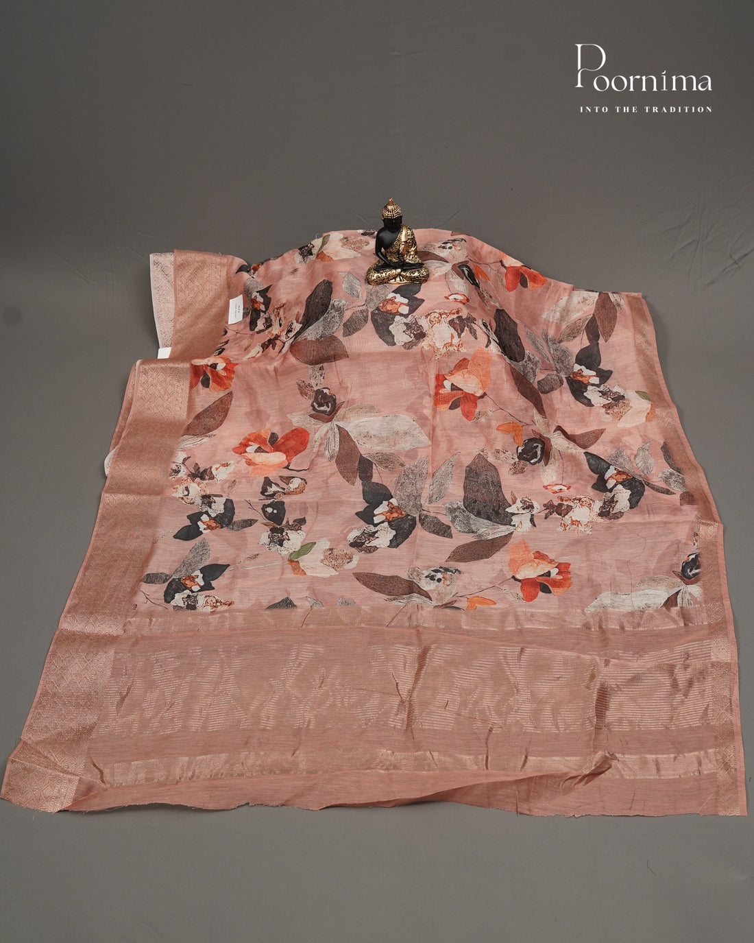 PEACH -   LINEN OFFICE WEAR SAREE WITH FLORAL PRINTS AND BORDERLESS DESIGN