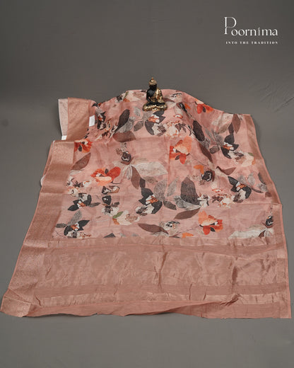 PEACH -   LINEN OFFICE WEAR SAREE WITH FLORAL PRINTS AND BORDERLESS DESIGN