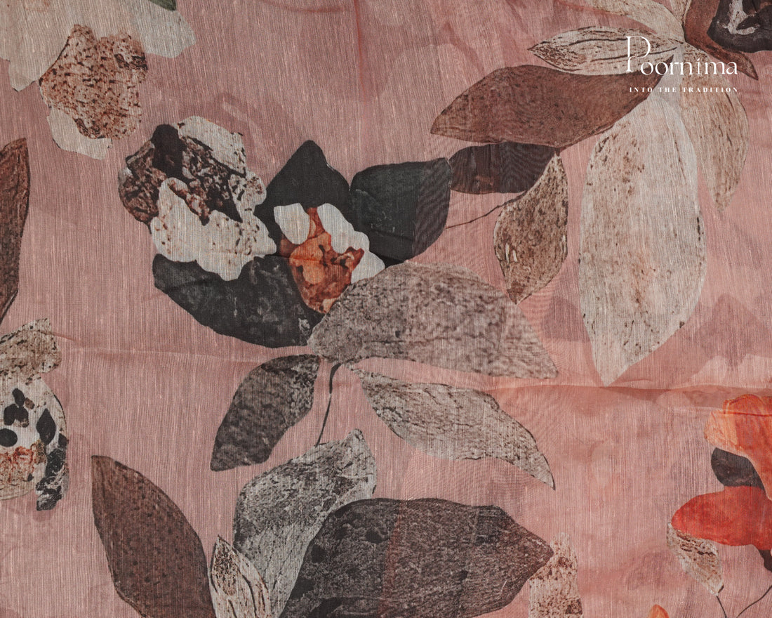 PEACH -   LINEN OFFICE WEAR SAREE WITH FLORAL PRINTS AND BORDERLESS DESIGN