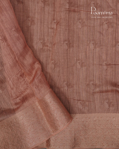 PEACH -   LINEN OFFICE WEAR SAREE WITH FLORAL PRINTS AND BORDERLESS DESIGN