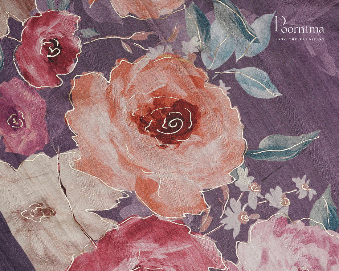 PURPLE - SEMI TUSSAR SAREE WITH ALLOVER DIGITAL PRINTS AND FOIL PRINTS