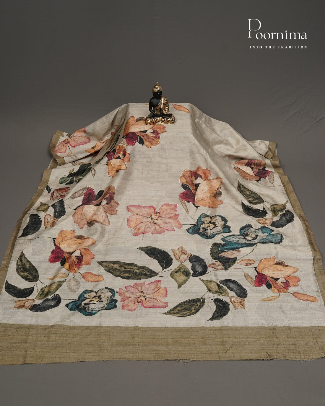 WHITE & MEHANDHI GREEN- SEMI TUSSAR SAREE WITH ALLOVER DIGITAL PRINTS AND FOIL PRINTS