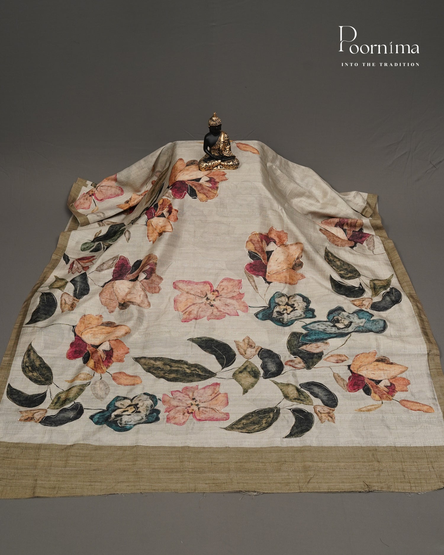 WHITE &amp; MEHANDHI GREEN- SEMI TUSSAR SAREE WITH ALLOVER DIGITAL PRINTS AND FOIL PRINTS