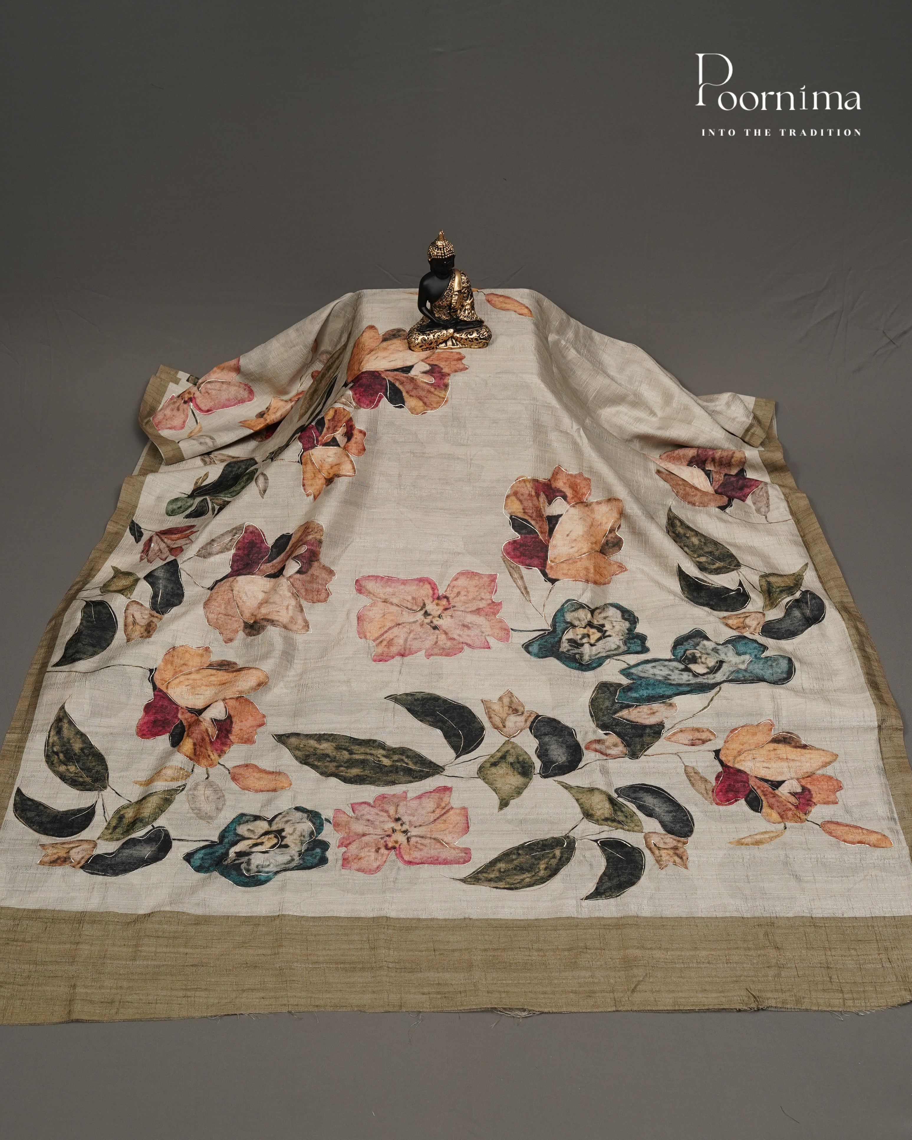 WHITE &amp; MEHANDHI GREEN- SEMI TUSSAR SAREE WITH ALLOVER DIGITAL PRINTS AND FOIL PRINTS