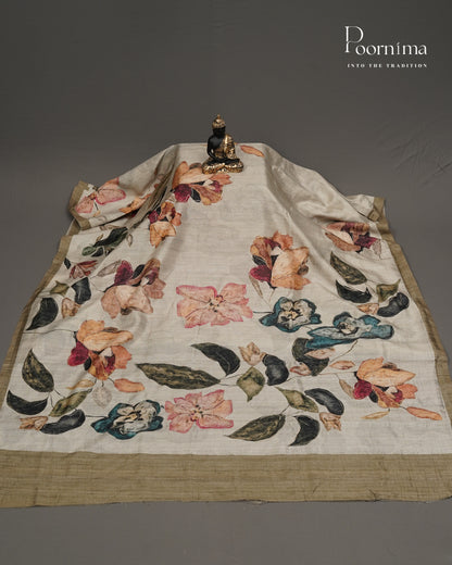 WHITE &amp; MEHANDHI GREEN- SEMI TUSSAR SAREE WITH ALLOVER DIGITAL PRINTS AND FOIL PRINTS