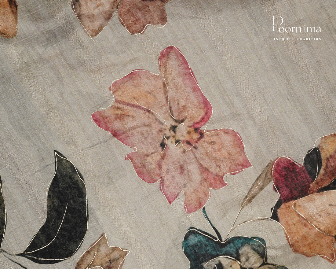 WHITE & MEHANDHI GREEN- SEMI TUSSAR SAREE WITH ALLOVER DIGITAL PRINTS AND FOIL PRINTS