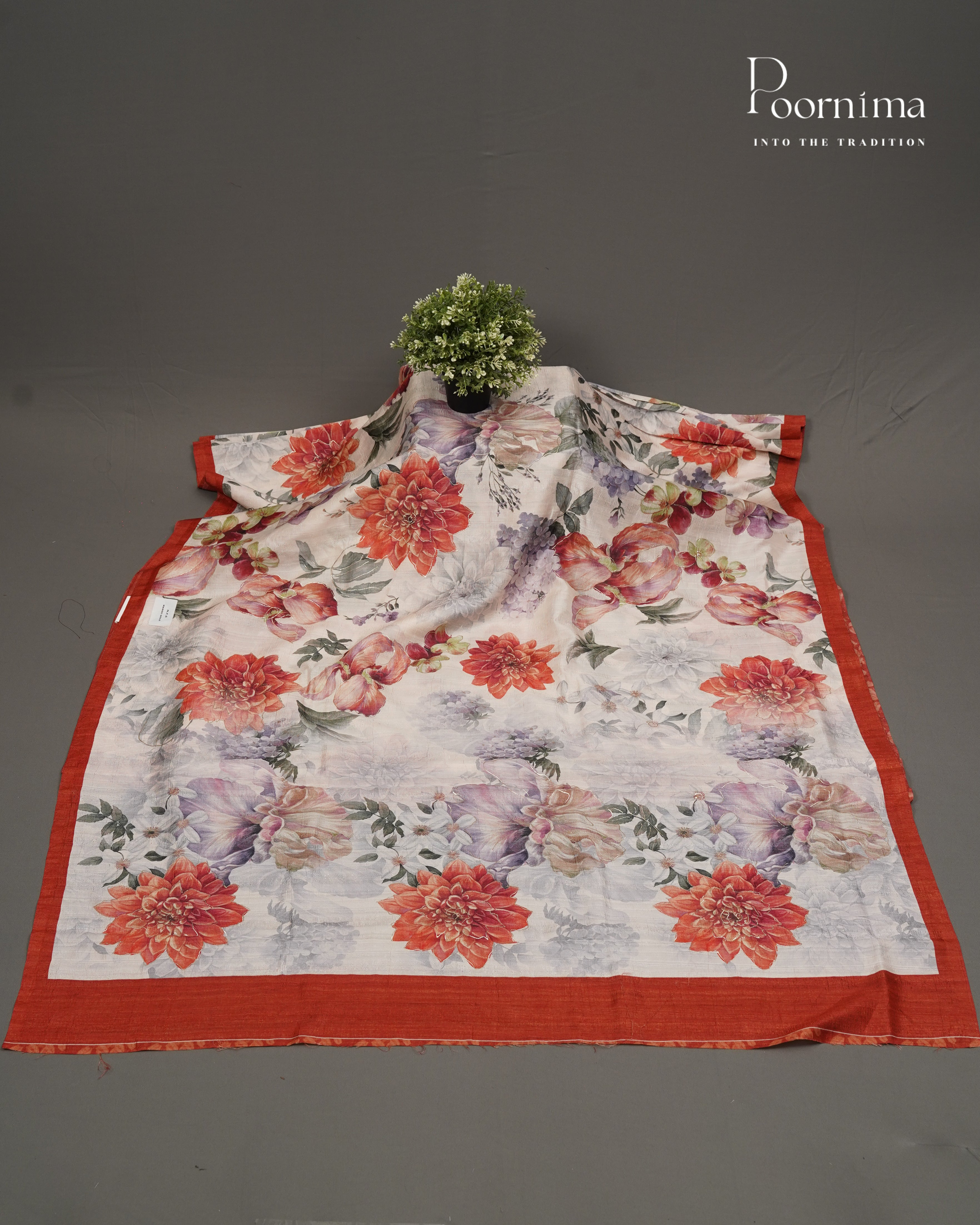 WHITE &amp; ORANGE - SEMI TUSSAR SAREE WITH ALLOVER DIGITAL PRINTS AND FOIL PRINTS