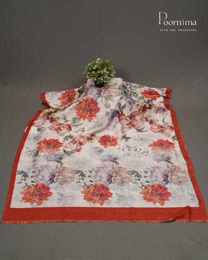 WHITE &amp; ORANGE - SEMI TUSSAR SAREE WITH ALLOVER DIGITAL PRINTS AND FOIL PRINTS