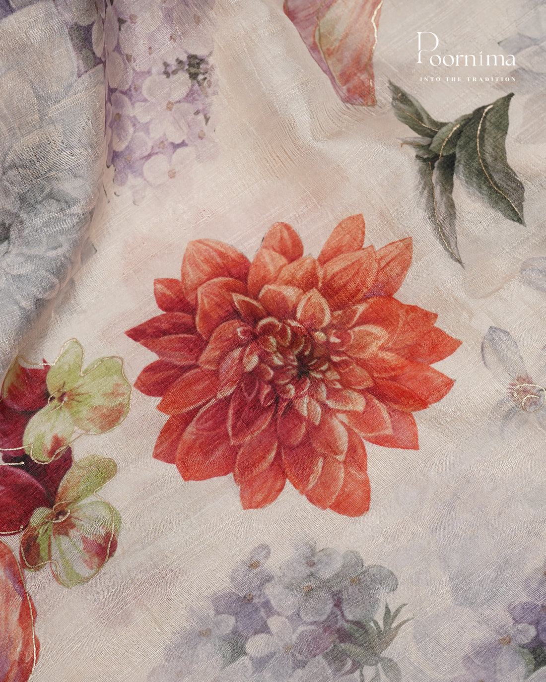 WHITE & ORANGE - SEMI TUSSAR SAREE WITH ALLOVER DIGITAL PRINTS AND FOIL PRINTS