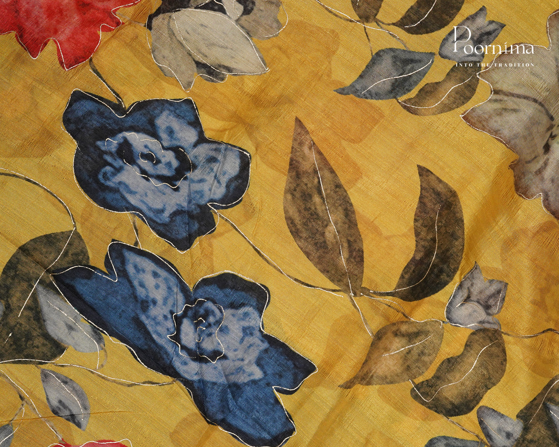 YELLOW - SEMI TUSSAR SAREE WITH ALLOVER DIGITAL PRINTS AND FOIL PRINTS