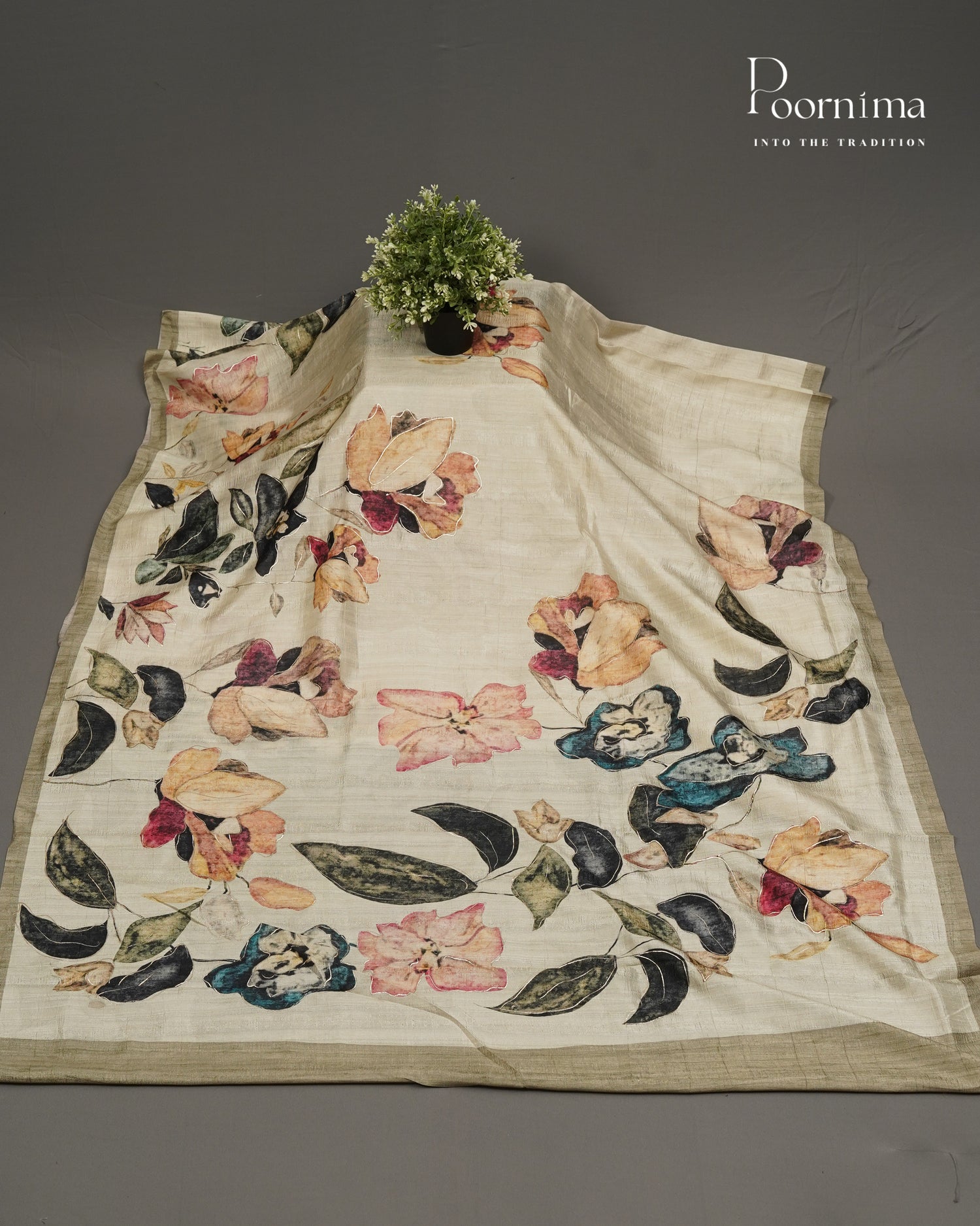 CREAM &amp; OLIVE GREEN - SEMI TUSSAR SAREE WITH ALLOVER DIGITAL PRINTS AND FOIL PRINTS