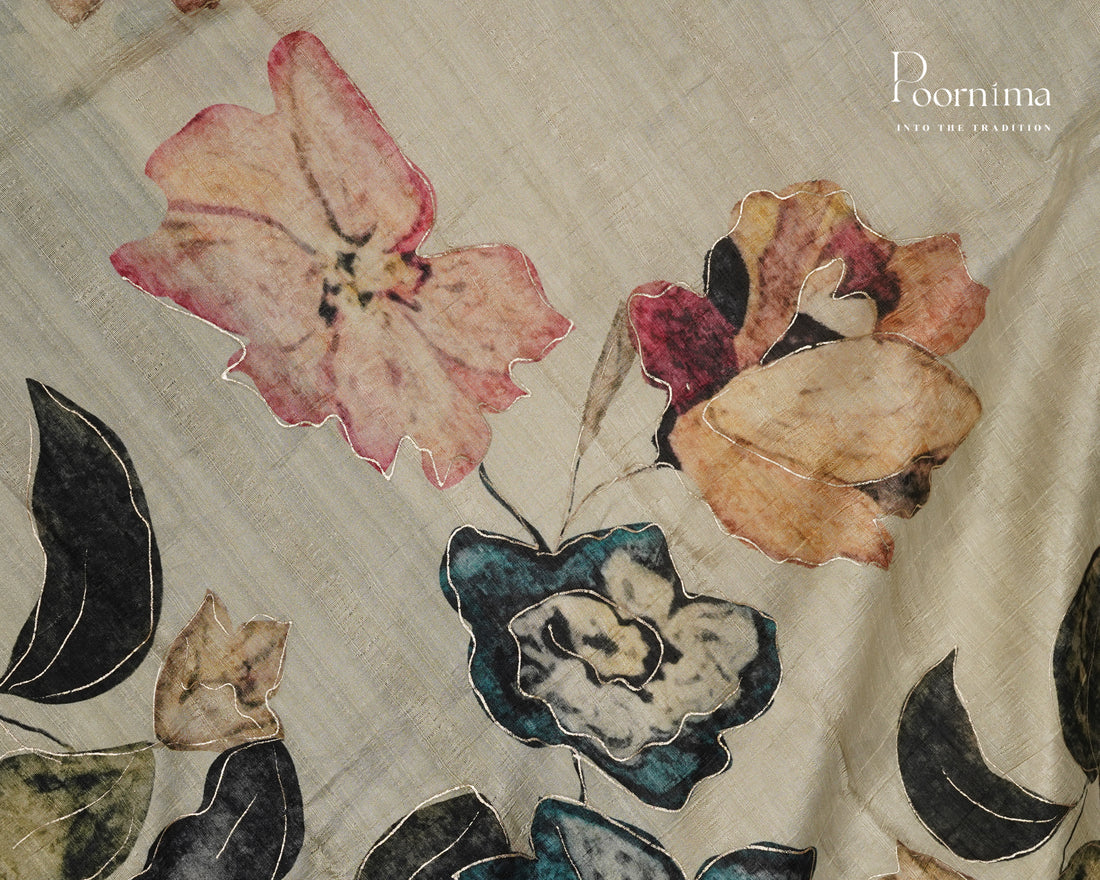 CREAM & OLIVE GREEN - SEMI TUSSAR SAREE WITH ALLOVER DIGITAL PRINTS AND FOIL PRINTS