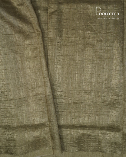 CREAM &amp; OLIVE GREEN - SEMI TUSSAR SAREE WITH ALLOVER DIGITAL PRINTS AND FOIL PRINTS
