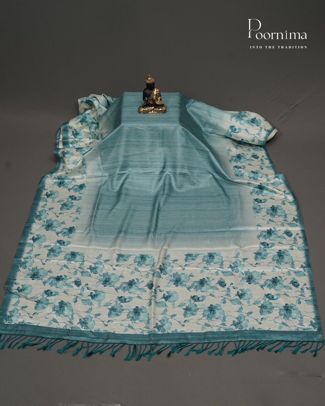 BLUE &amp; WHITE - SEMI BENARASI TUSSAR SAREE WITH ALLOVER PRINTS