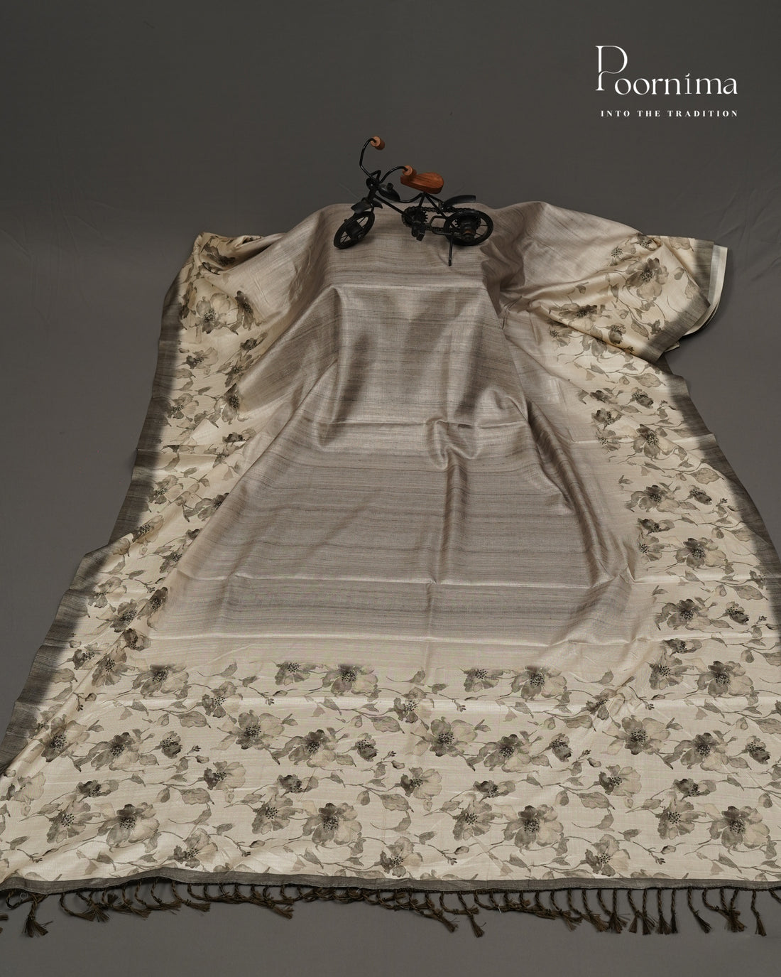 GREY &amp; BEIGE - SEMI BENARASI TUSSAR SAREE WITH ALLOVER PRINTS