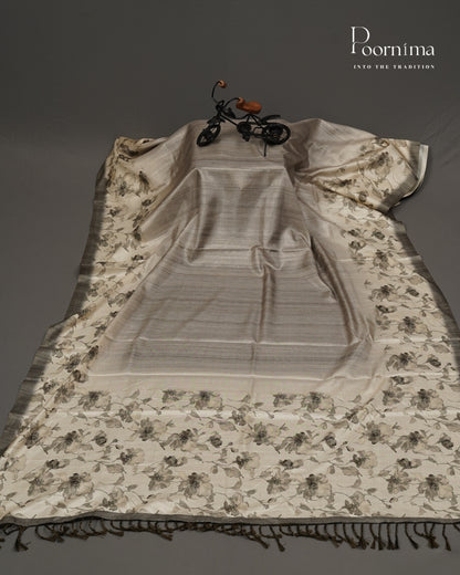 GREY &amp; BEIGE - SEMI BENARASI TUSSAR SAREE WITH ALLOVER PRINTS