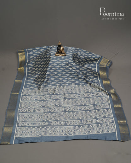 ELEPHANT GREY -  CHANDERI COTTON SAREE WITH ALLOVER PRINTS AND ZARI WOVEN BORDER