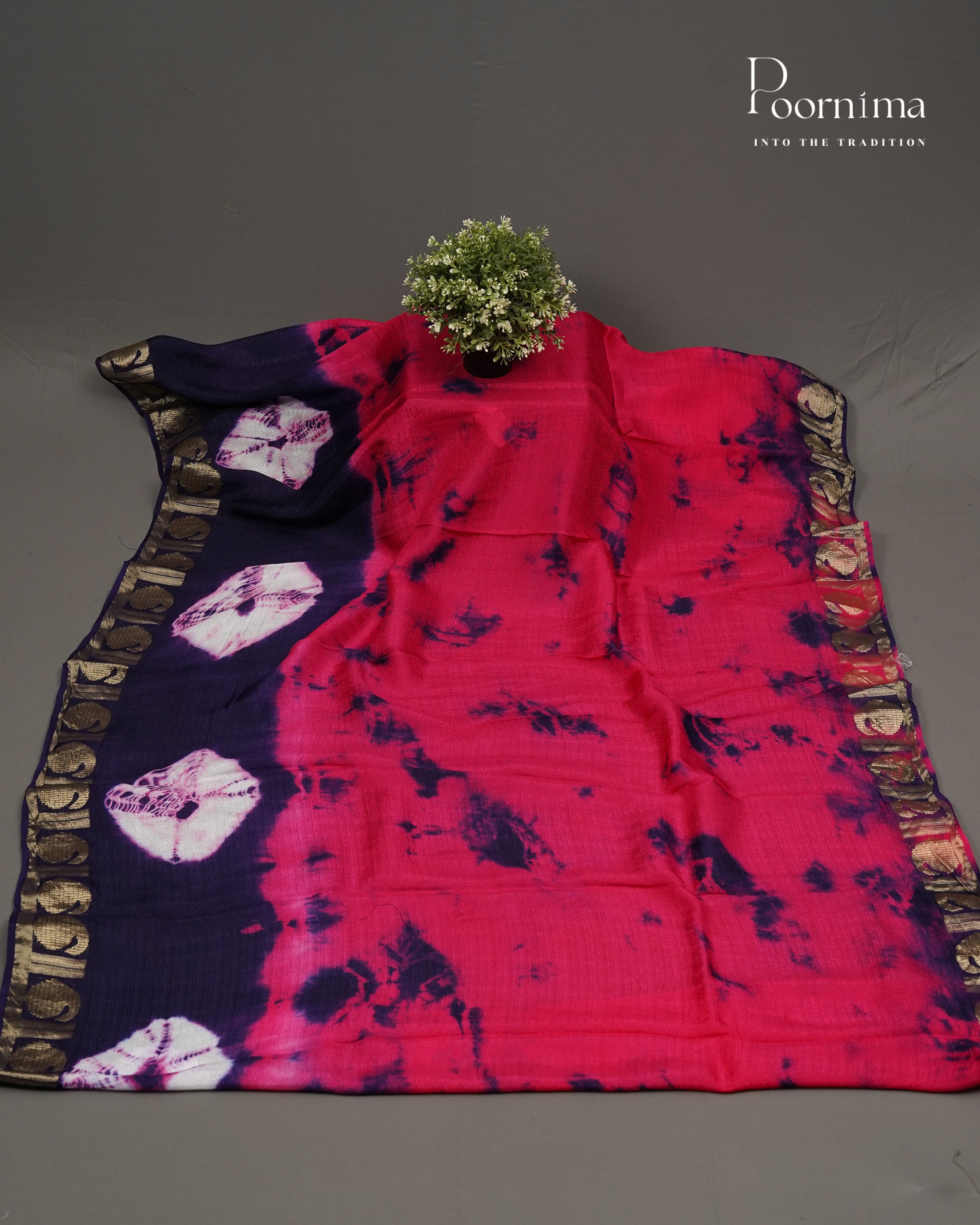 MAGENTA PINK &amp; NAVY BLUE - JUTE GEORGETTE SAREE WITH ALLOVER TIE-DYE DESIGN AND GOLD ZARI BORDER