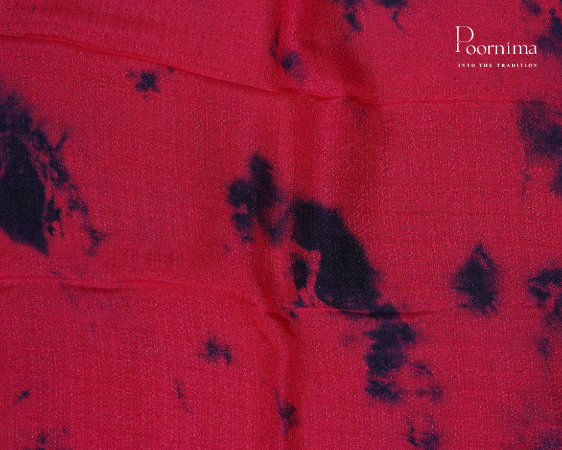 MAGENTA PINK & NAVY BLUE - JUTE GEORGETTE SAREE WITH ALLOVER TIE-DYE DESIGN AND GOLD ZARI BORDER