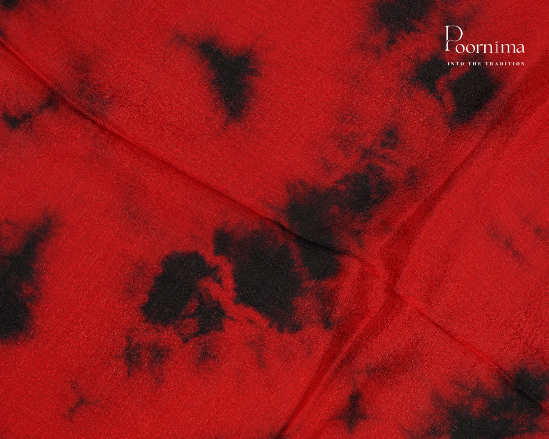 RED & BLACK - JUTE GEORGETTE SAREE WITH ALLOVER TIE-DYE DESIGN AND GOLD ZARI BORDER