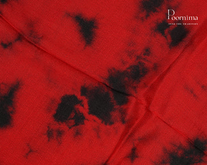 RED &amp; BLACK - JUTE GEORGETTE SAREE WITH ALLOVER TIE-DYE DESIGN AND GOLD ZARI BORDER