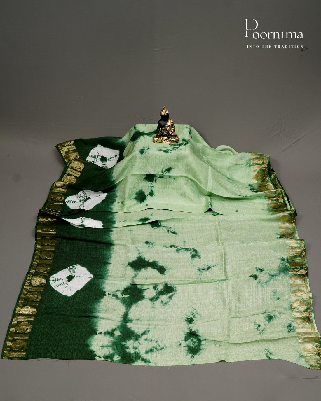 PISTA GREEN & DARK GREEN - JUTE GEORGETTE SAREE WITH ALLOVER TIE-DYE DESIGN AND GOLD ZARI BORDER