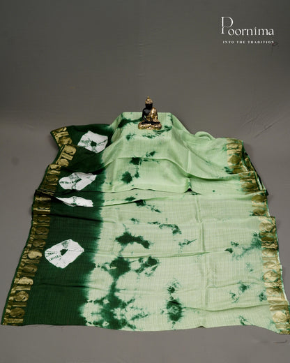 PISTA GREEN &amp; DARK GREEN - JUTE GEORGETTE SAREE WITH ALLOVER TIE-DYE DESIGN AND GOLD ZARI BORDER