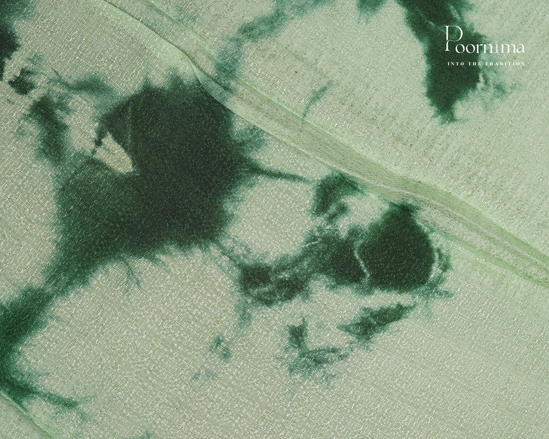 PISTA GREEN & DARK GREEN - JUTE GEORGETTE SAREE WITH ALLOVER TIE-DYE DESIGN AND GOLD ZARI BORDER