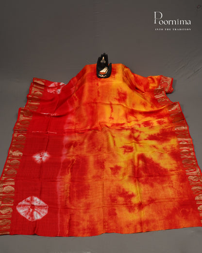 YELLOW &amp; RED - JUTE GEORGETTE SAREE WITH ALLOVER TIE-DYE DESIGN AND GOLD ZARI BORDER