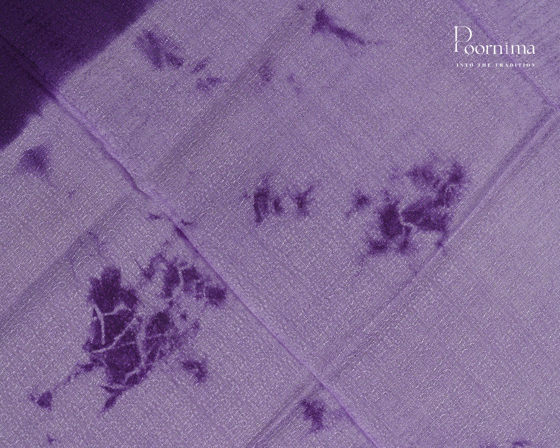 LAVENDER & VIOLET - JUTE GEORGETTE SAREE WITH ALLOVER TIE-DYE DESIGN AND GOLD ZARI BORDER
