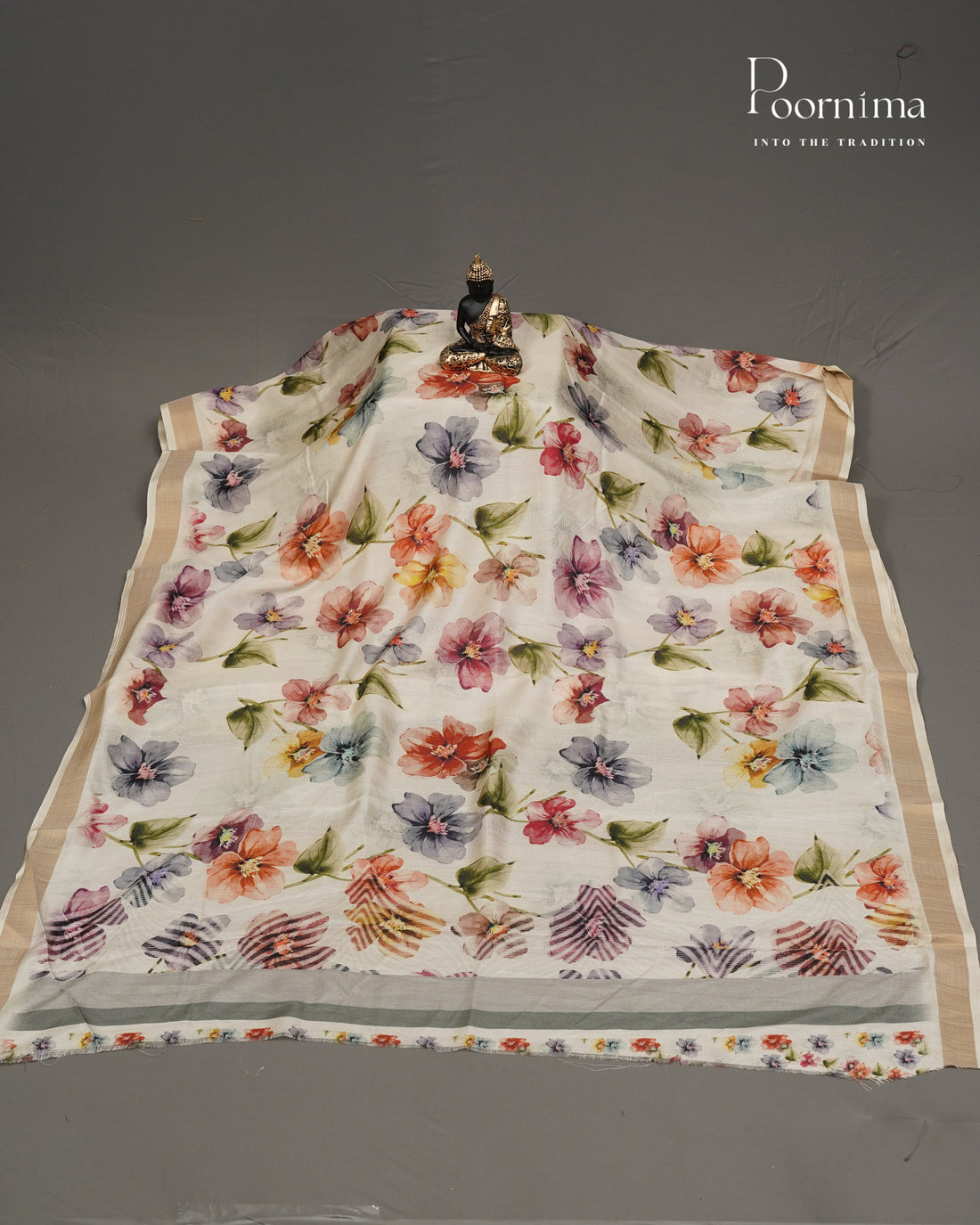 WHITE - LINEN SAREE WITH ALLOVER DIGITAL PRINT AND ZARI BORDER